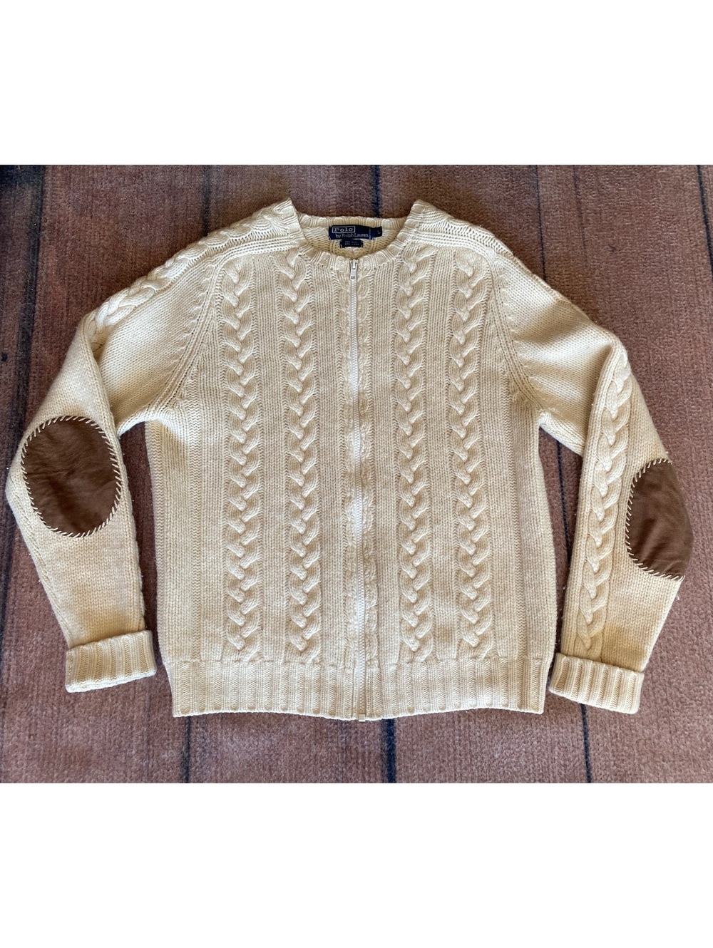Polo Ralph Lauren cable knit fisherman wool linen elbow patch zip cardigan L